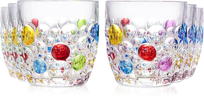 Handmade Crystal Water Glasses, So Cute, Colored Beaded, Set of 6, Bubble Design, 11oz Modern Hobnail Drinking Glasses, for Water,Whiskey, Wine, Beer,Juice,Cocktail,Coffee, Champagne, Gift