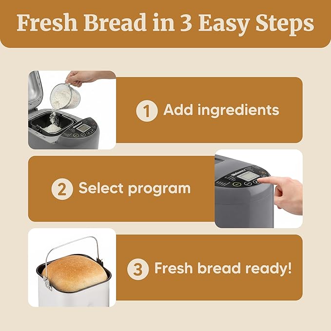 Elite Gourmet Programmable Bread Maker with PFAS-Free CERALAST™ Ceramic Pan, 2 lb Loaf, 19 Presets incl. Gluten-Free, 3 Sizes, Delay Timer, Steel Gray