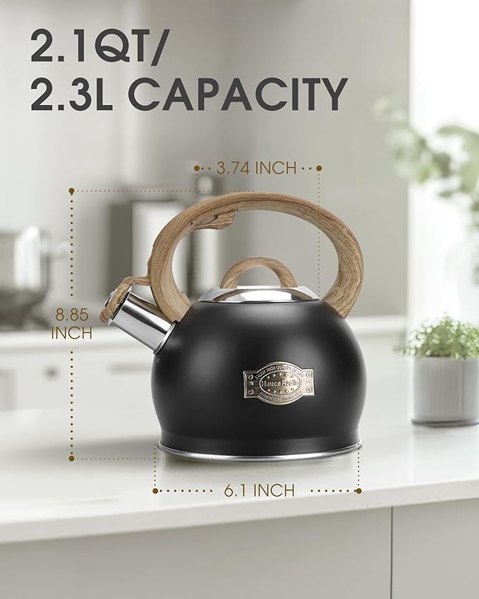 Hauce Radio Tea Kettle Stovetop, Black Tea Kettles-2.1 Quart Loud Whistle Stovetop Teapot,Food Grade Stainless Steel with Wood Pattern Handle, Unique Button Control Kettle Outlet for Tea, Coffee