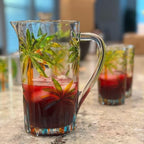 Tropical Summer Glass Jug Caribbean Mix Rum Punch Coconut Tree Pool Party Colorful Design Tiki Bar Engraved Jugs To Pour Into Drinking Glasses Margarita Mojito Martini Whiskey Sour Beach Water Palm
