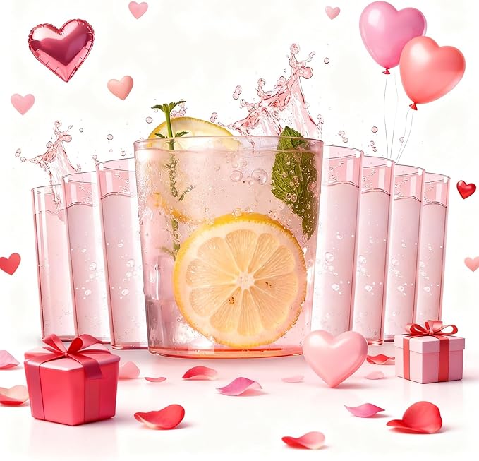 Liacere Plastic Drinking Glasses (Set of 12) 14 oz Pink Reusable Plastic Glasses Colors，Kitchen Water Glasses Cup,Bar Tumbler Glassware Set for Beer, Juice, Cocktail, Whiskey for Valentine’s Day