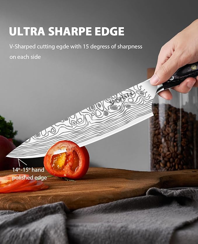 MOSFiATA 8" Super Sharp Professional Chef's Knife with Finger Guard and Knife Sharpener, German High Carbon Stainless Steel EN1.4116 with Micarta Handle and Gift Box