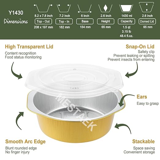 7.7" Round Aluminum Foil Containers with Lids (5 Pack) – Heavy Duty Disposable Takeout Pans for Meal Prep, Pasta, Casserole, Food Storage & Catering, 48oz
