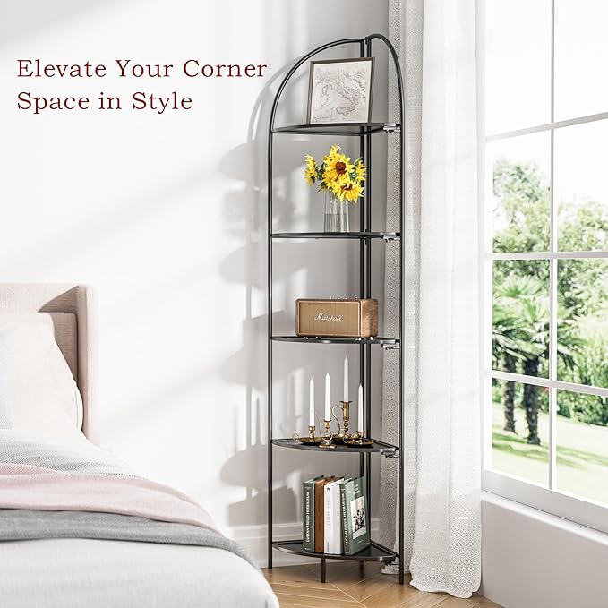 Crofy Foldable 5 Tier Corner Shelf, Metal Corner Plant Stand with Black Frame and Black Shelves, Corner Display Rack Multipurpose Shelving Unit for Living Room, Bedroom, Bathroom