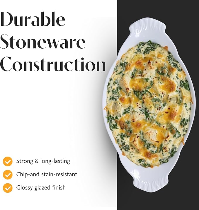BIA Cordon Bleu Oval Au Gratin, Set of 4-24oz White Porcelain Baking Dishes, Glossy Finish - Microwave, Oven & Dishwasher Safe Cookware for Side Dishes, Casseroles & Gift Giving (13" x 7")