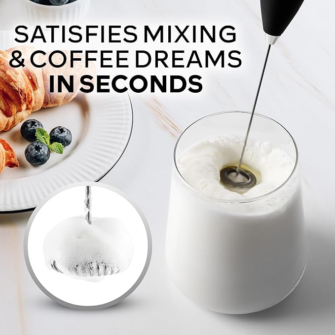 Zulay Kitchen Powerful Milk Frother Wand With 2 Duracell Batteries - Ultra Fast Handheld Drink Mixer - Electric Whisk Foam Maker for Coffee, Lattes, Cappuccino, Matcha, Hot Chocolate & Creamer - Black