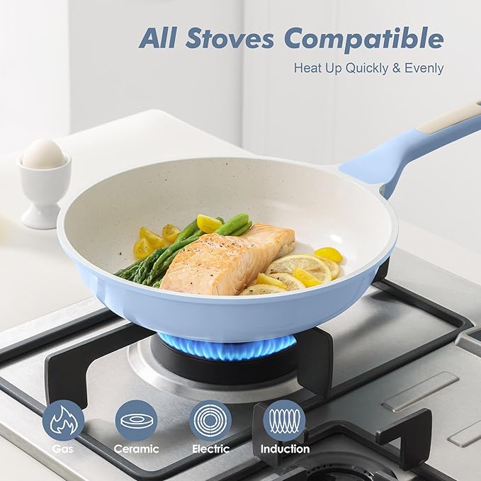 SENSARTE Nonstick Ceramic Frying Pan 12.5-Inch, Healthy Non Toxic Skillet, Induction Compatible Omelet Pan with Heat Resistant Handle, PFAS-Free, Blue