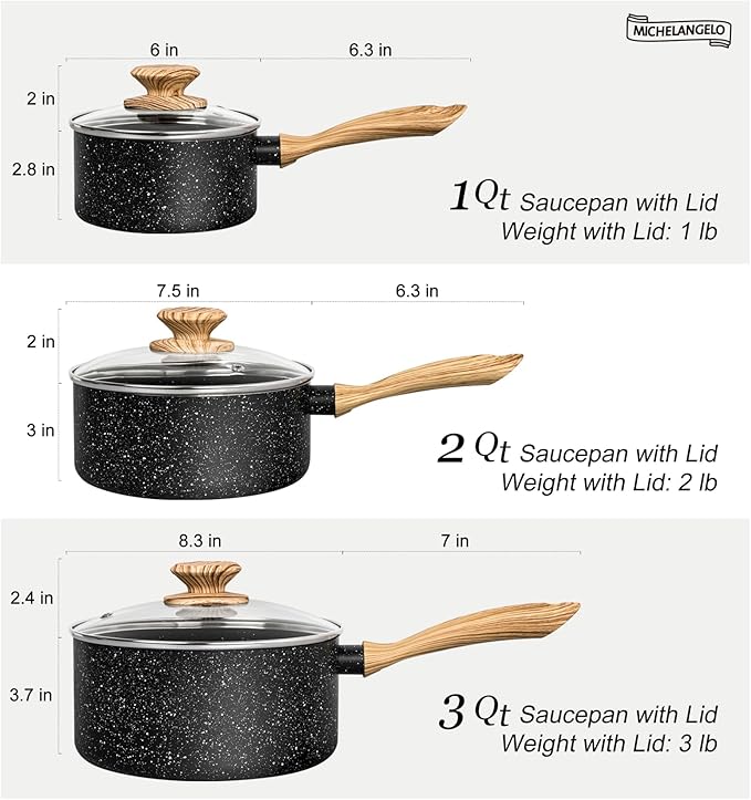 MICHELANGELO Saucepan Set, Nonstick Sauce Pans with Granite Coatings, Stone Sauce Pan with Lids, Non Stick Pot Sets, Sauce Pots 3 Piece, 1Qt, 2Qt & 3Qt