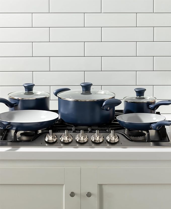 T-Fal Ceramic Nonstick Cookware Set, Oven Safe Up to 350ºF, 12-Piece, Includes Stockpot, Frying Pans, Utensils, Ceramic Pots and Pans Set, Dark Blue
