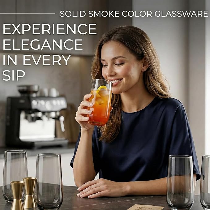 Grey Drinking Glasses Set of 6 | Translucent Black Glassware | 16 oz Smoked Grey Glass Cups | Highball Drinkware for Cocktails, Long Drink, Mojito, Juice, Soda | Modern Charcoal Drinkware
