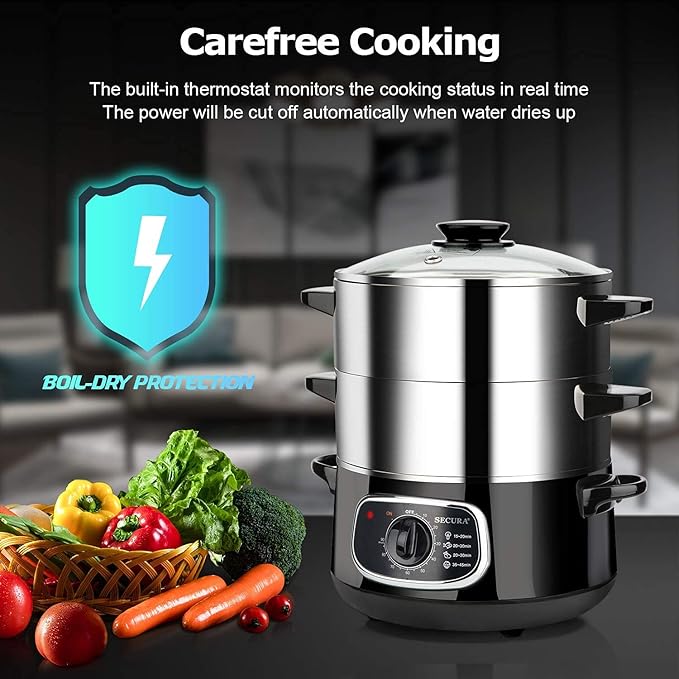 Secura 2 Stainless Steel Food Steamer 8.5 Qt Electric Glass Lid Vegetable Steamer Double Tiered Stackable Baskets with Timer