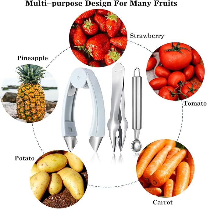 4-Piece Strawberry Huller & Tomato Corer Set - Stem Remover Tool for Strawberry, Potato, Pineapple