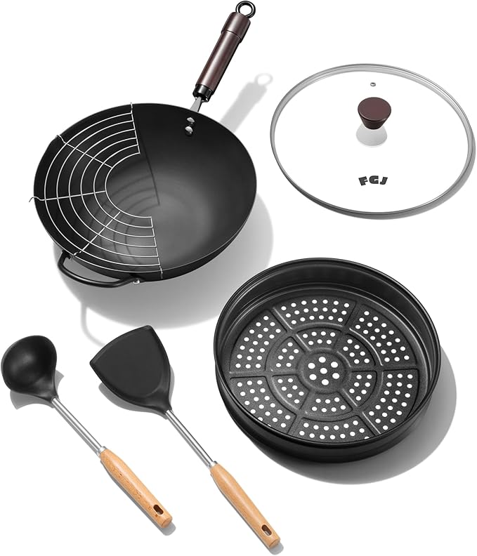 FGJ Wok, 13 Inch Carbon Steel Wok Pan Set 6PCS & Stir-fry Pans Nonstick, Pre-Seasoned 5.8QT Flat Bottom Chinese Woks Paella Pan Set, Carbon Steel Cookware, Compatible with All Cooktops