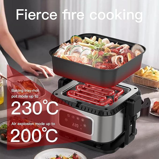 3-in-1 Air Fryer Oven, 5.2QT with See-Through Window, 8 Presets Touchscreen, Multi-Cooker for Air Frying, Roasting, Baking, Dehydrate, Reheat & Stewing, Turbo Crisp Technology, No Flip Needed.