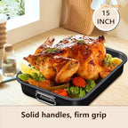 CHEFMADE Roasting Pan with Rack, 15 Inch Deep Roasting Pan, Deep Lasagna Pan for BBQ Vegetbale and Meat 15.4" x 11.2" x 2.3" (Black)