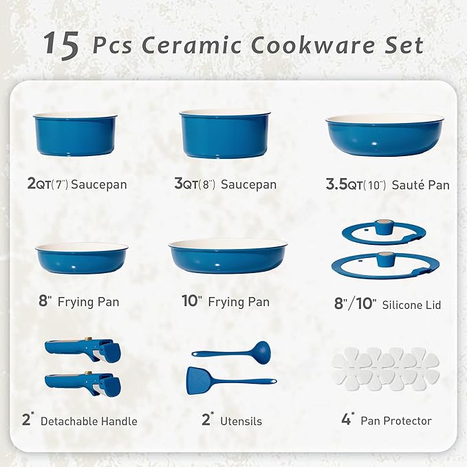 CAROTE 15Pcs Ceramic Cookware Set, Pots and Pans Set Non stick, Non Toxic Cookware Detachable Handle, Induction Cookware, Dishwasher/Oven Safe, RV/Camping, PFAS Free, Blue&Gold