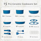 CAROTE 15Pcs Ceramic Cookware Set, Pots and Pans Set Non stick, Non Toxic Cookware Detachable Handle, Induction Cookware, Dishwasher/Oven Safe, RV/Camping, PFAS Free, Blue&Gold