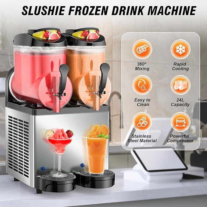 Ultimate Commercial Slushy Machine – 12X2 Tank Stainless Steel Slush Machine,Commercial Frozen Drink Maker for Juices, Margaritas, and Cocktails – Ideal for Bars and Restaurants