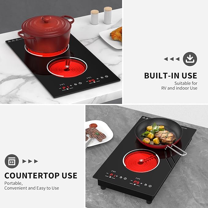 VBGK Electric Cooktop,12 Inch Built-in Radiant Electric Stove Top,110V 2100W 2 burner cooktop With 9 Heating Level, Timer & Kid Safety Lock, Sensor Touch Control 2 burner Induction Cooktop