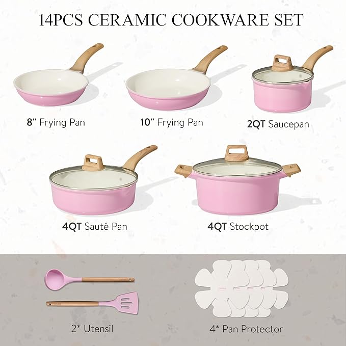 CAROTE Ceramic Cookware Set, 14 PCS Pots and Pans Set Non Stick, Pot and Pan Set with Frying pan, Induction Ready Cooking Set for Kitchen, PFOS/PFOA/PFAS Free, Pink