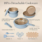 CAROTE 18Pcs Pots and Pans Set, Titanium kitchen Pan Set, Nonstick Cookware Set Detachable Handle, Induction kitchen cookware Non Stick, RV Cookware Sets, Oven Safe, Blue