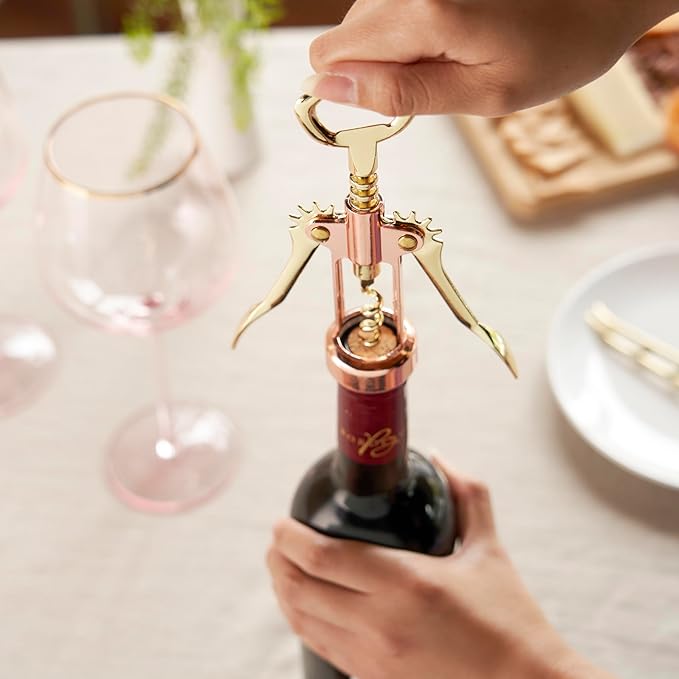 Twine Winged Corkscrew Wine Opener, Versatile Bottle Opener for Beer and Soft Drinks, Stainless Steel with Ergonomic Handle and Sharp Screw for Bartenders, Home Bar, Kitchen, Set of 1, Copper and Gold