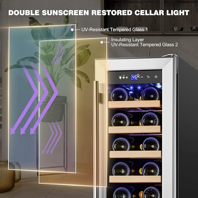 Tylza 12" Wine Cooler Refrigerator, 18 Bottles Capacity, Compact Freezerless, Temperature Stability, Low Noise, Double-Layer Tempered Glass Door