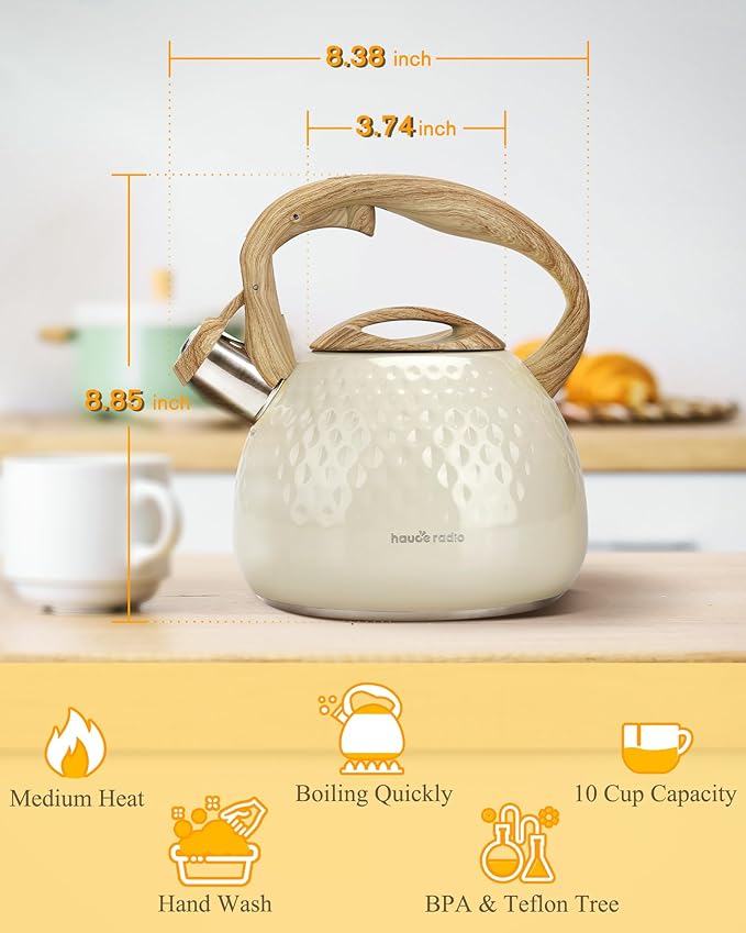 Hauce Radio Tea Kettle Stovetop Teapot, 2.5 Quart Loud Whistle Food Grade Stainless Steel and Smooth Wood Pattern Handle, Sophisticated Look for Hiking, Picnic, for Tea, Coffee Milky White
