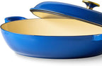 CAROTE 3.4QT Enameled Cast Iron Braiser Pan, Shallow Dutch Oven Casserole Skillets, Non-Toxic Cast Iron Pot with Lid for Grilling, Searing, Baking, Dual Handles, All Stovetop Compatible, Blue