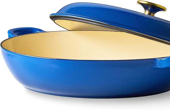 CAROTE 3.4QT Enameled Cast Iron Braiser Pan, Shallow Dutch Oven Casserole Skillets, Non-Toxic Cast Iron Pot with Lid for Grilling, Searing, Baking, Dual Handles, All Stovetop Compatible, Blue