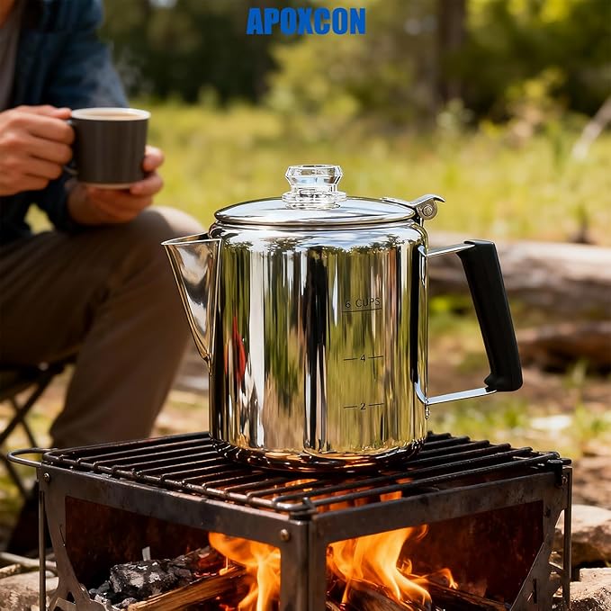 Multi Use Percolator Coffee Pot Stainless Steel Stove Top Coffee Maker with Two Tough Borosilicate Glass Knob Silica Handle Camping Coffee Pot Using on Campfire Stove & Induction Cooker Silver 6 Cup