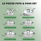 Cook N Home Stainless Steel Cookware Sets, 3-Ply 12 Pcs Pots and Pans Set with Stay-Cool Handle, Non-Toxic, Induction-Ready, Dishwasher & Oven Safe, Combatible w/ All Cooktops