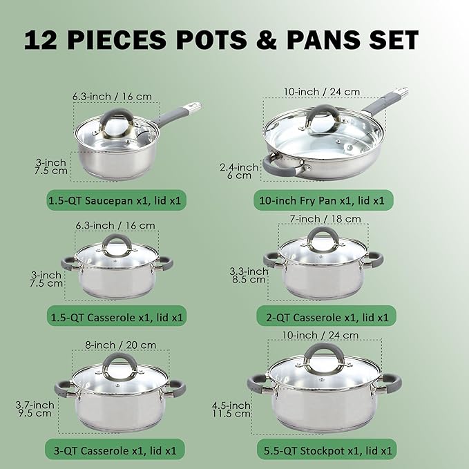 Cook N Home Stainless Steel Cookware Sets, 3-Ply 12 Pcs Pots and Pans Set with Stay-Cool Handle, Non-Toxic, Induction-Ready, Dishwasher & Oven Safe, Combatible w/ All Cooktops