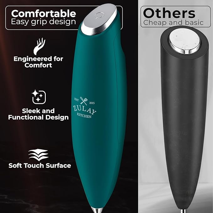 Zulay Kitchen Patented Tornado Triple Whisk Milk Frother with 4 Duracell Batteries – Handheld Foam Maker for Coffee, Lattes, Matcha & Hot Chocolate – Rich, Creamy Froth in Seconds - Vivid Emerald