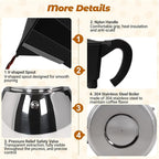 No Coating 6 Cup Aluminum and Stainless Steel Moka Pot Stovetop Espresso Maker Italian Coffee Machine 350ml 11.84oz Suitable for Gas Induction Stovetop Greca Coffee Maker Percolator Black