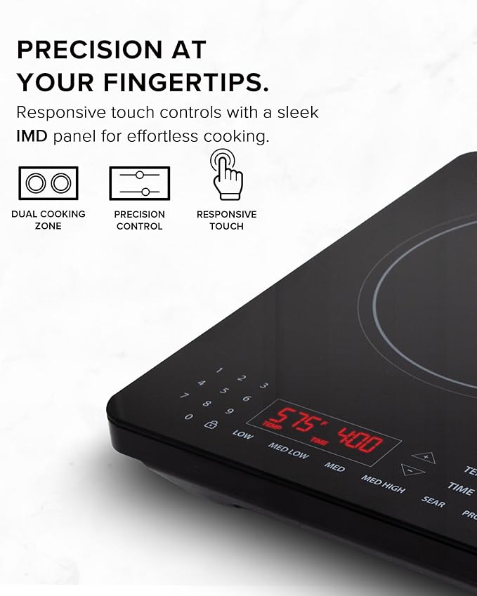 Nuwave PIC Double Portable Induction Cooktop, 900W/1500W/1800W Options, Two 8” Heating Zones, 106 Precise Temperatures from 50°F–575°F in 5°F Increments, Shatter-Resistant Ceramic Glass