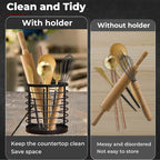 Utensil holder for Kitchen Counter - 5.2" x 5.2" x 6" Large Round Utensils Holder with Wooden Base Matte Black Cooking Utensil Holder，Kitchen countertop Utensil Organizer