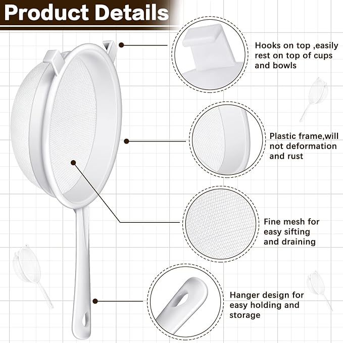 Skyley 3 Pcs Plastic Nylon Mesh Strainer Colander with Handle Double Ear Fine Food Mesh Strainer Flour Sifter for Baking Kitchen Colander Sifter Tea Juice Pasta (5 Inch, 7 Inch, 8.5 Inch)