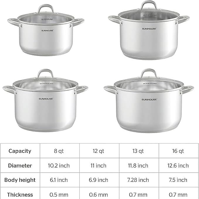 SUNHOUSE Stainless Steel Stock Pot - 16 Quart Heavy-Duty Induction Cooking Pot with Visible Lid for Pasta, Soup, Spaghetti - Nonstick Thick-Bottom Deep Stockpot for Canning, Boiling, and Simmering