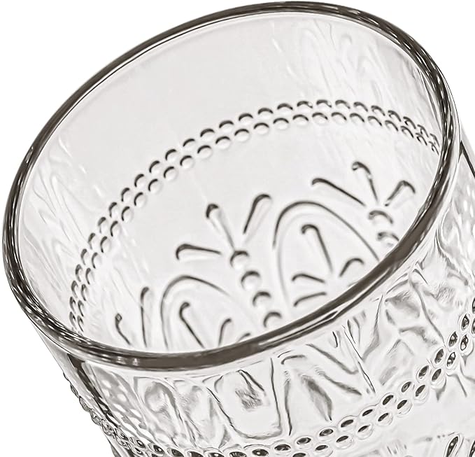 CREATIVELAND Colored Vintage Drinking Glasses Set of 4, 15.5 oz Romantic Embossed Water Glasses, Colored Tumblers Tempered Glass for Juice, Beverages, Beer, Cocktail (Gray)