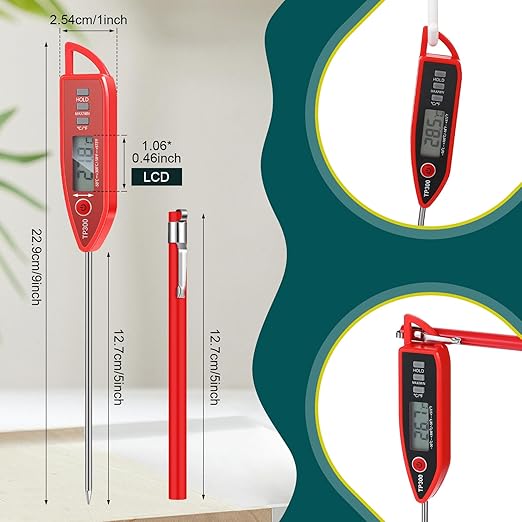 Copkim 10 Set Waterproof Food Thermometer for Water, Liquid, Candle and Cooking Digital Meat Thermometer with Long Probe Instant Read for Kitchen BBQ Grill Candy (Red)