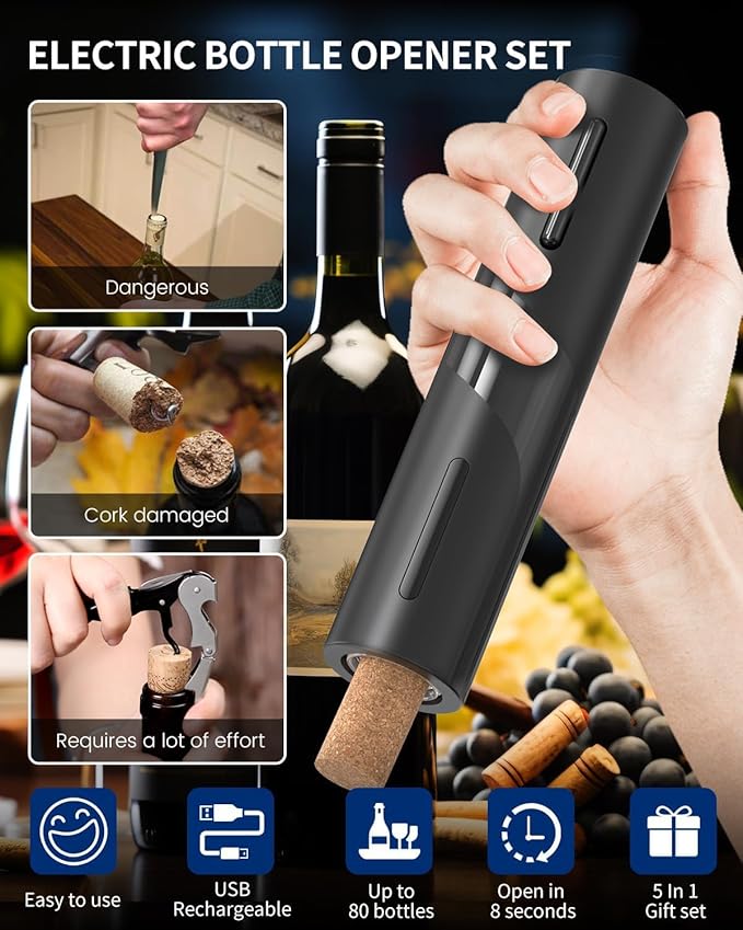 Electric Wine Bottle Opener Rechargeable Wine Corkscrew Opener Gift Set with Foil Cutter, Wine Aerator Pourer and Vacuum Wine StopperIdeal Present for Party, and Home Entertaining.(BLACK)