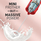 Mini & Mighty Milk Frother Wand – Powerful Handheld Coffee Frother, Battery Operated Drink Mixer – Compact Pocket Size – Detachable Whisk for Latte, Cappuccino, Matcha, Hot Chocolate – Red