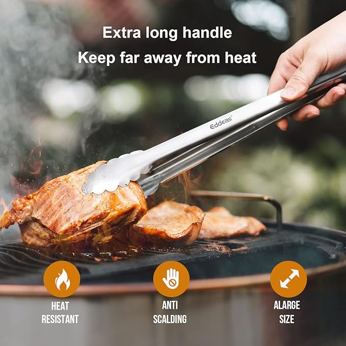Eddeas Grill Tongs, Bbq tongs - 12" and 17 Inch Extra Long Kitchen Tong, Heat Resistant 600 Degrees Stainless Steel tongs, Metal Locking Tong for Cooking, Grilling, Outdoor Barbecue, Set of 2