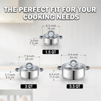 Cook N Home Stainless Steel Pot Set with Glass Lid, 6 Pieces Basics Cookware Set with Stay-Cool Silicone Handles, 1.5/3/5.5 Quarts Small Cooking Stock Pot Saucier Casserole