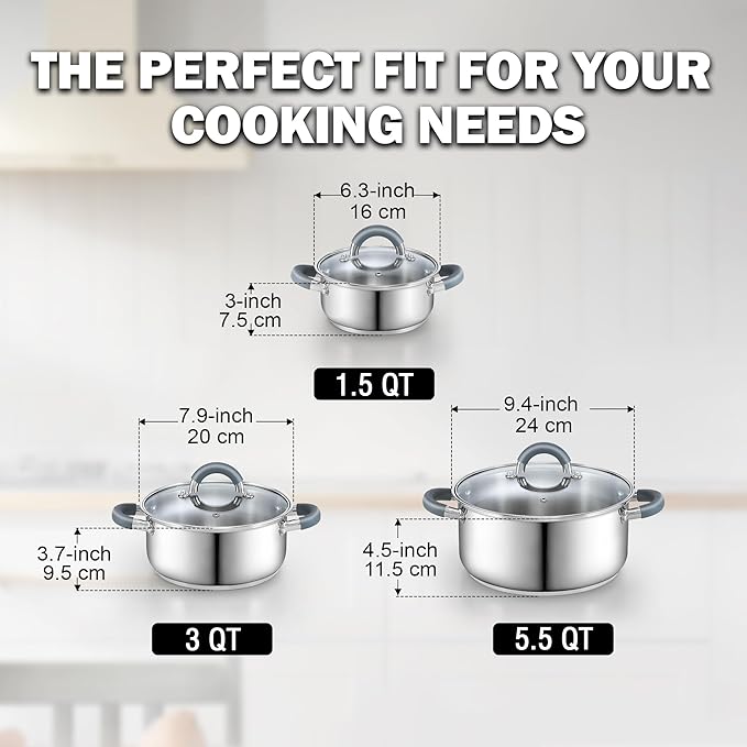 Cook N Home Stainless Steel Pot Set with Glass Lid, 6 Pieces Basics Cookware Set with Stay-Cool Silicone Handles, 1.5/3/5.5 Quarts Small Cooking Stock Pot Saucier Casserole