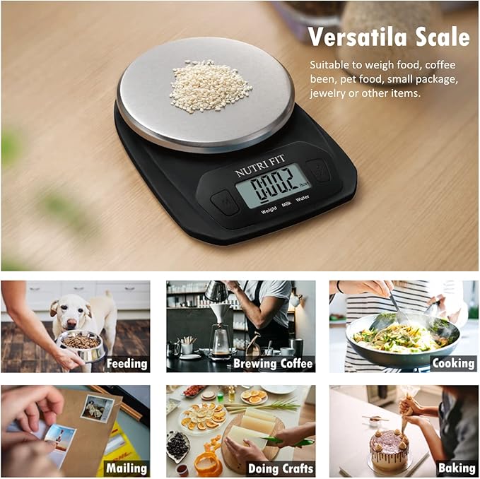 NUTRI FIT Digital Food Scale Small Kitchen Scales Weight in Grams and OZ for Cooking Baking Weight Loss, Stainless Steel Tare & Backlit LCD Display, Black