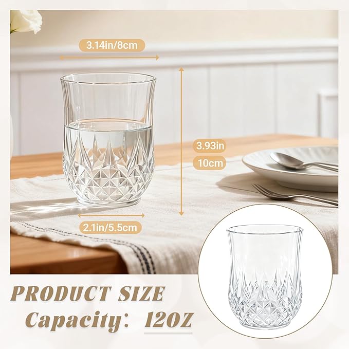 12 Pack Plastic Stemless Wine Glasses,12oz Unbreakable Vintage Elegant Drinking Glass Set,Reusable Fancy Cocktail Cups for Party, Wedding, and Bulk Events (12, 12oz-Transparent)