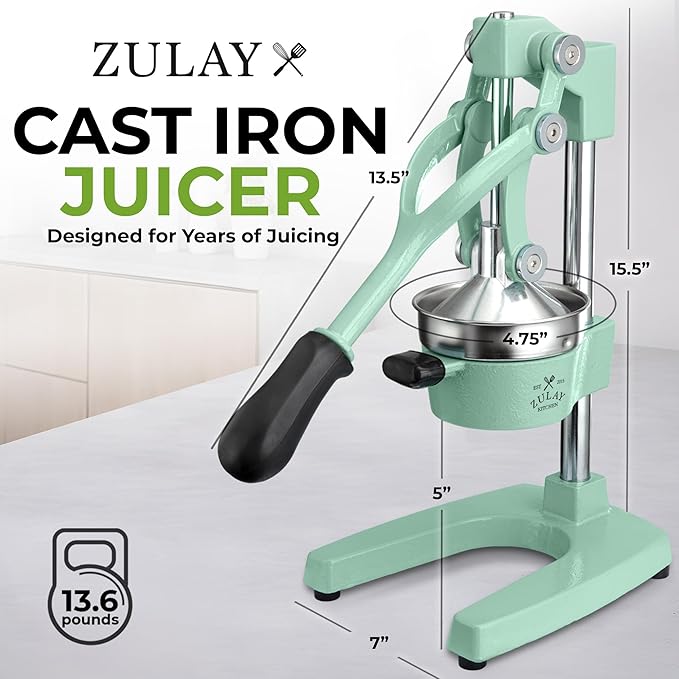 Zulay Kitchen Cast Iron Juicer - Easy-to-Clean Heavy-Duty Manual Juicer, Professional Citrus Juicer - Stainless Steel Lemon Squeezer - Manual Citrus Press & Orange Squeezer - Orange Juicer – Mint
