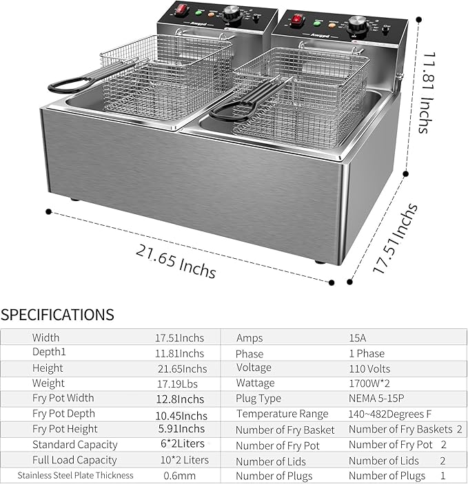 Commercial Deep Fryer,3400W Electric Deep Fryers with Baskets Thickened Stainless Steel Countertop Oil Fryer,10L X 2(21.3QT) Electric Countertop Fryer for Restaurant and Home Use